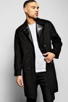Boohoo Smart Wool Look Overcoat With Pu Lapel Black