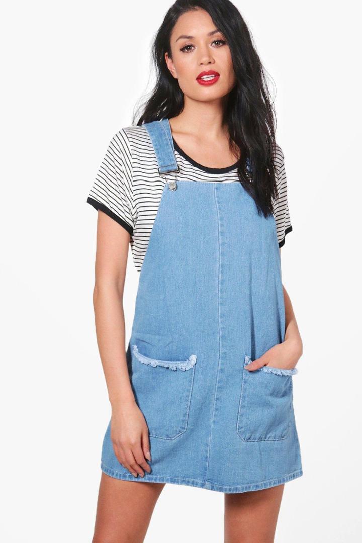 Boohoo Lisa Frayed Pocket Denim Pinafore Dress Blue