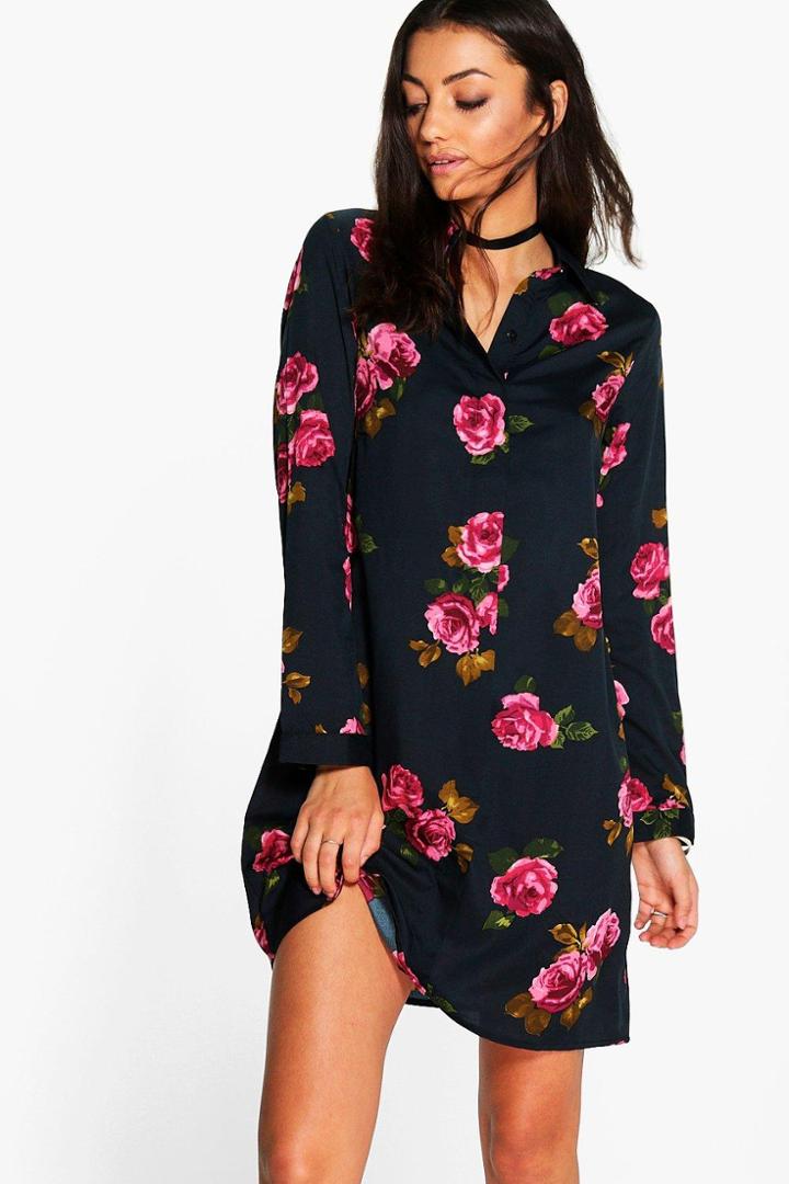 Boohoo Tall Heather Large Floral Shirt Dress Navy