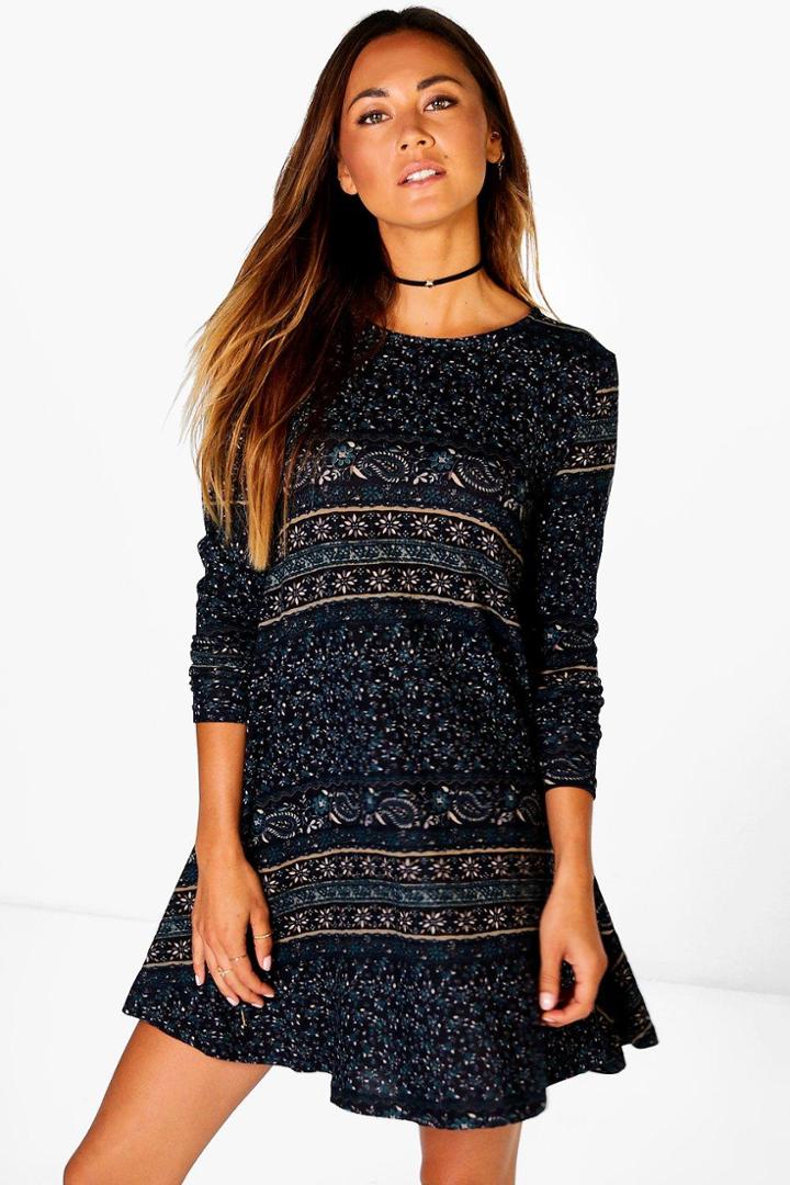 Boohoo Zoe Paisley Border Brushed Knit Swing Dress Navy