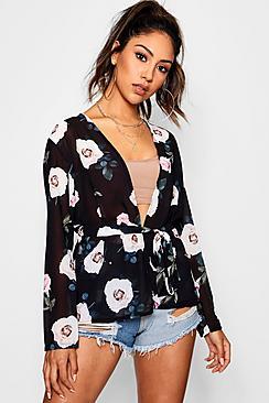 Boohoo Ellie Belted Rose Print Chiffon Kimono