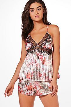 Boohoo Bella Floral Satin & Lace Cami & Short Set