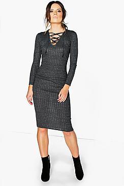 Boohoo Sofia Ribbed Lace Front Bodycon Dress
