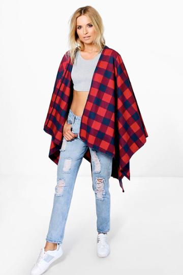 Boohoo Lacey Red & Navy Check Cape Multi