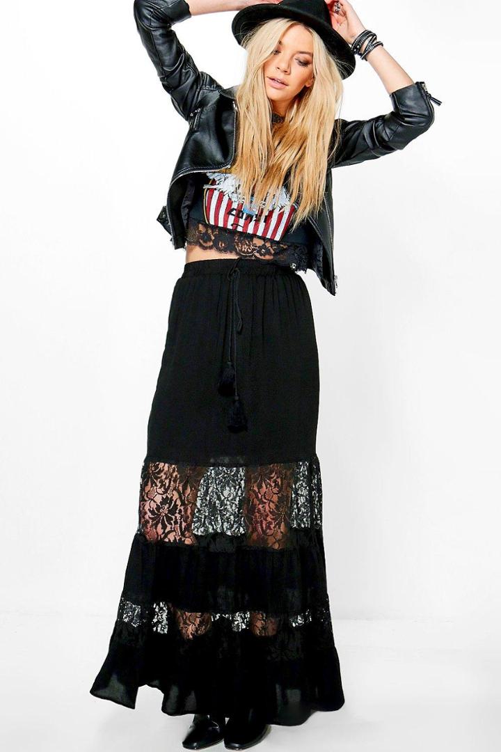 Boohoo Loren Lace Panelled Tassle Tie Maxi Skirt Black