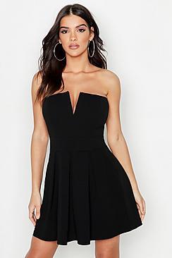 Boohoo Bandeau V Bar Pocket Skater Dress