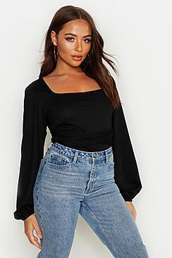 Boohoo Square Neck Volume Sleeve Tie Waist Blouse