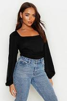 Boohoo Square Neck Volume Sleeve Tie Waist Blouse