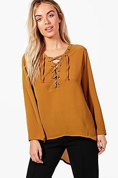 Boohoo Cara Eyelet Lace Up Blouse