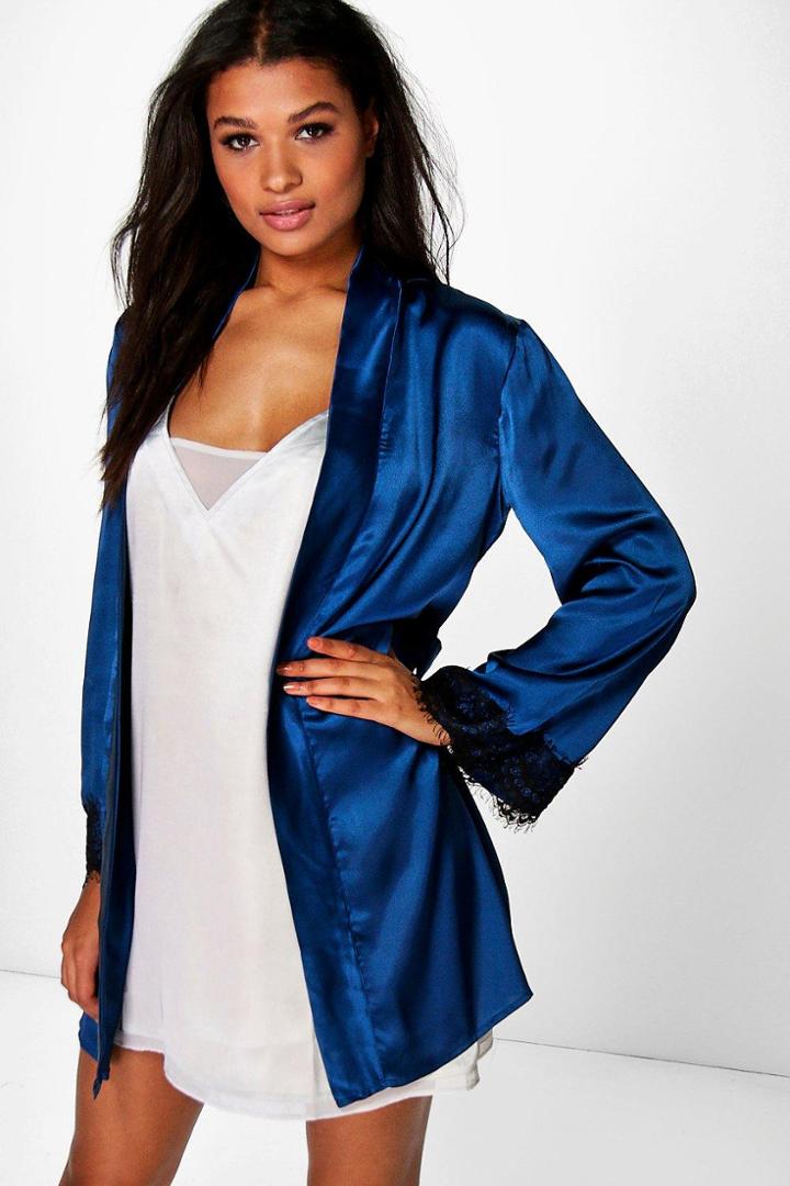 Boohoo Alice Lace Sleeve Kimono Robe Blue