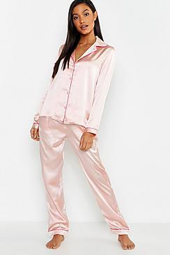 Boohoo Satin Button Through Pj Trouser Set