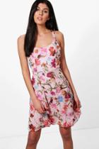 Boohoo Emily Floral Strappy Skater Dress Pink