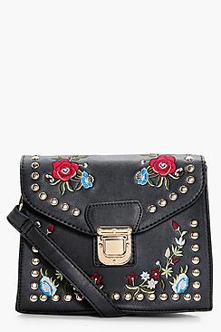 Boohoo Lucy Embroidery & Stud Cross Body Bag