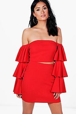 Boohoo Frankie Frill Off Shoulder Crop&skirt Co-ord
