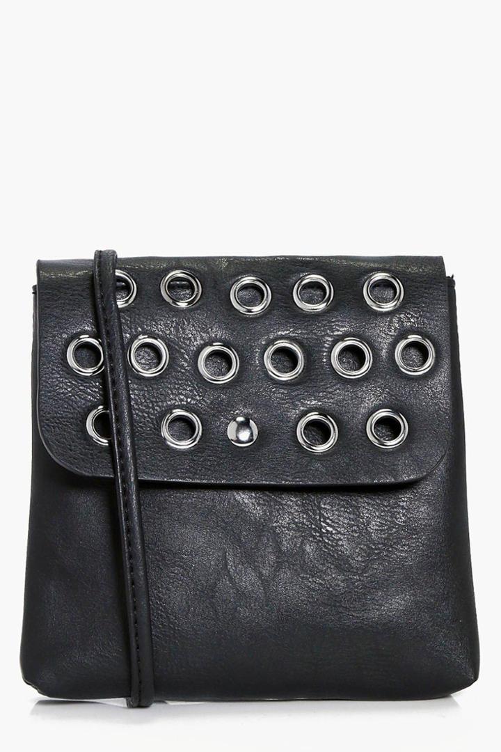 Boohoo Rachel Eyelet Flap Cross Body Bag Black