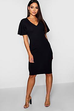 Boohoo V Neck Angel Sleeve Midi Dress