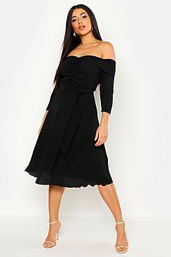 Boohoo Ruched Off Shoulder Tie Detail Midi Skater Dress