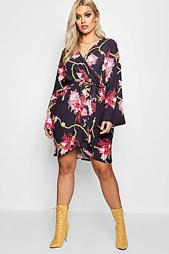 Boohoo Plus Cora Floral Chain Print Wrap Dress