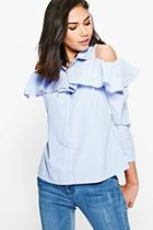 Boohoo Georgia Ruffle Striped Cold Shoulder Long Sleeve Shirt Blue