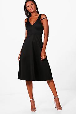 Boohoo Cold Shoulder Strap Detail Midi Skater Dress