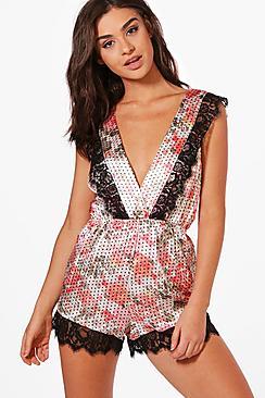Boohoo Paige V Plunge Satin & Lace Playsuit