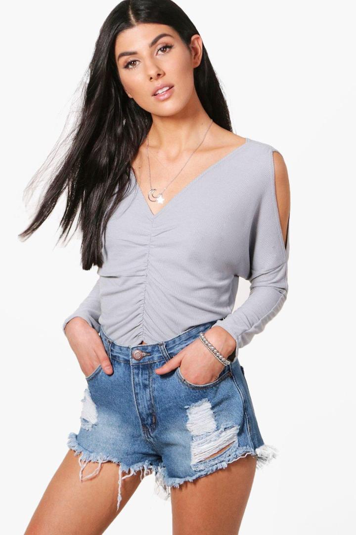 Boohoo Amanda Cold Shoulder Plunge Neck & Back Knitted Top Grey