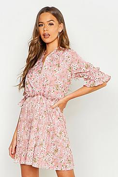 Boohoo Floral Print Pleated Frill Smock Dress