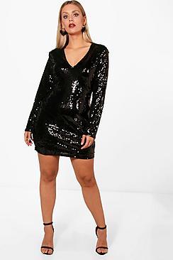 Boohoo Plus Molly Sequin Extreme Plunge Bodycon Dress