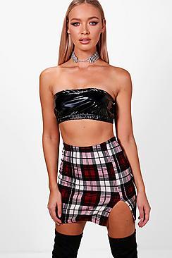 Boohoo Melanie Crepe Check Thigh Split Mini Skirt