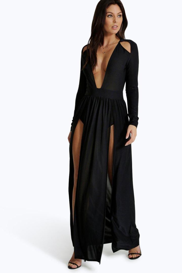 Boohoo Amy Long Sleeve Square Neck Plunge Maxi Dress Black