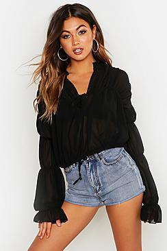 Boohoo Ruched Tie Front Sheer Top