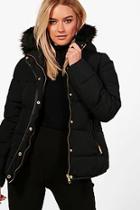Boohoo Fitted Padded Jacket With Faux Fur Hood