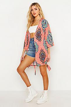 Boohoo Woven Paisley Tie Waist Kimono