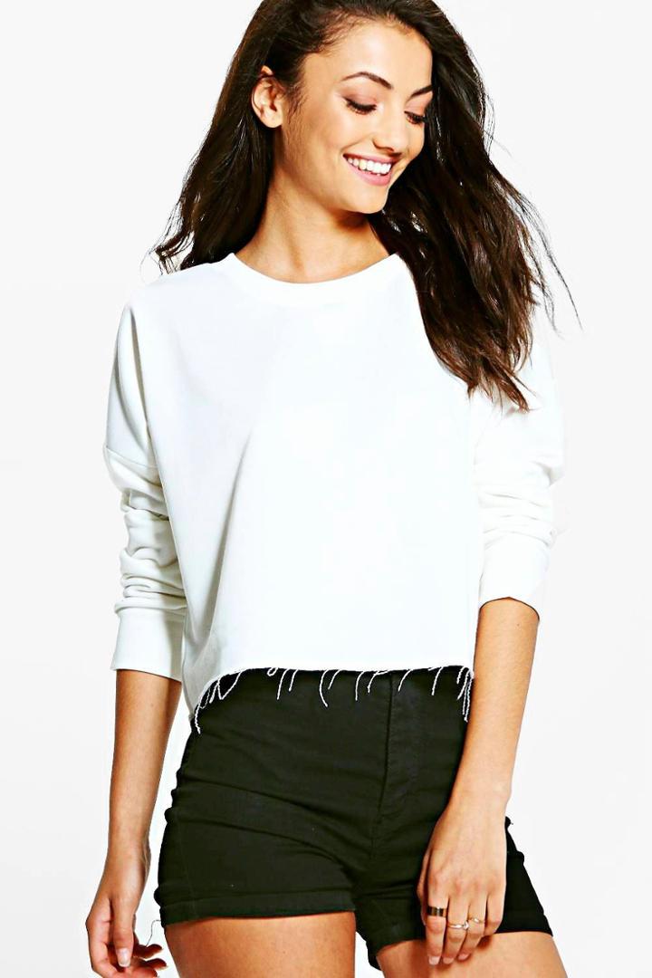 Boohoo Tall Macia Raw Hem Oversized Boxy Crop Sweat Cream