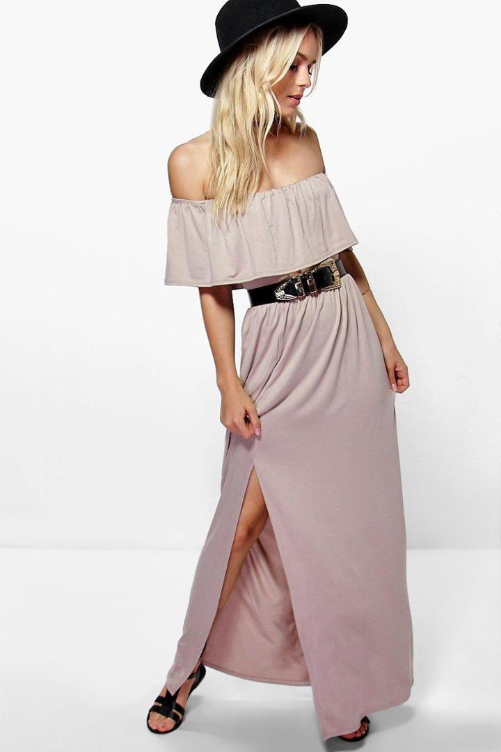 Boohoo Petite Aria Ruffle Bandeau Split Front Maxi Dress Sand