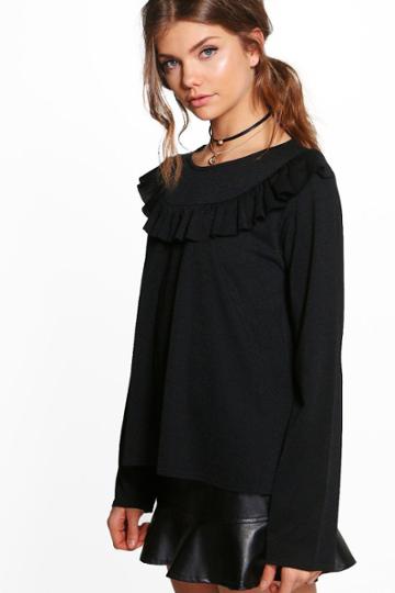 Boohoo Tall Lilya Ruffle Front Top Black