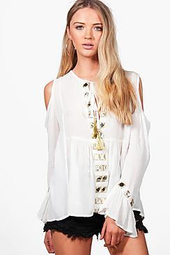 Boohoo Amelia Black Mirrored Trim Cold Shoulder Top