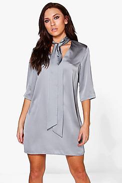 Boohoo Suri Satin Tie Neck Shift Dress