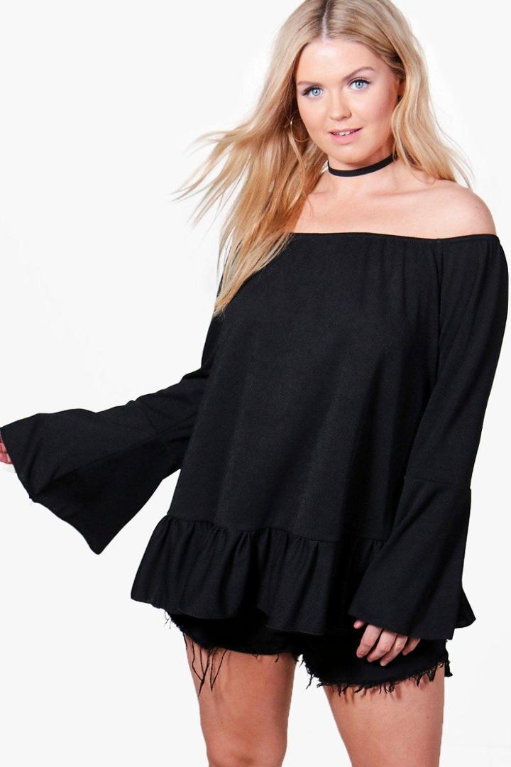 Boohoo Plus Sophia Off The Shoulder Flare Sleeve Top Black
