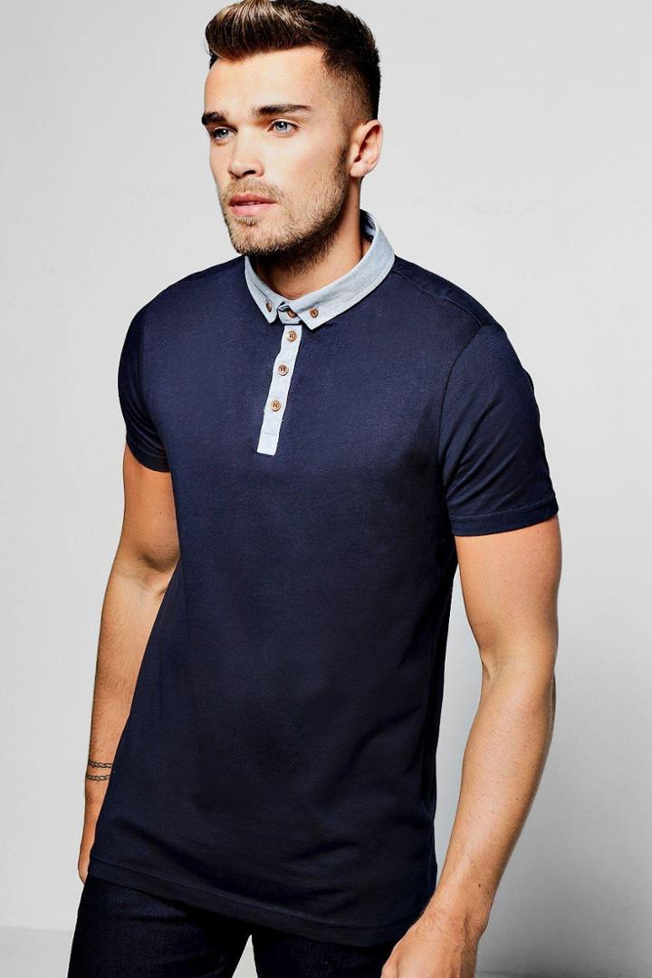 Boohoo Chambray Button Down Collar Jersey Polo Navy