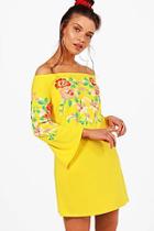 Boohoo Off Shoulder Printed Embroidery Shift Dress
