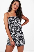 Boohoo Betsy Mono Palm Print Tie Up Beach Playsuit