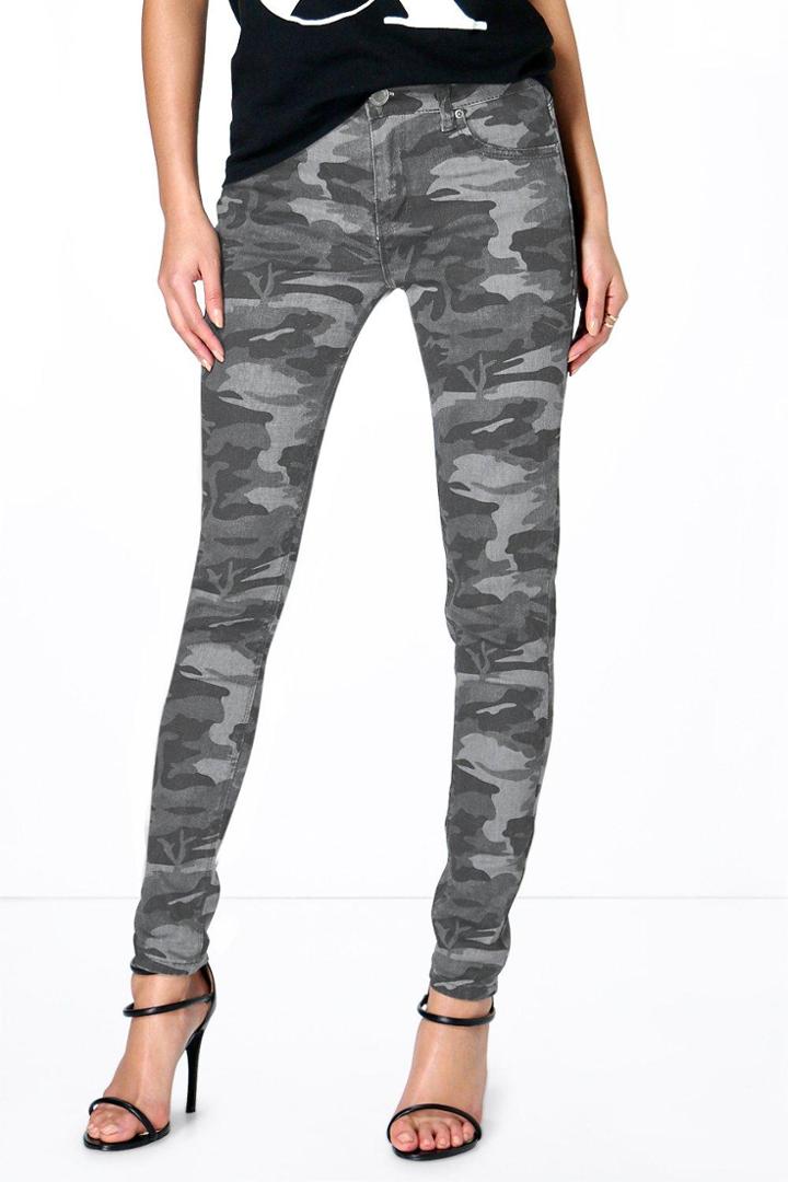 Boohoo Anee Camouflage Print Skinny Jeans Grey