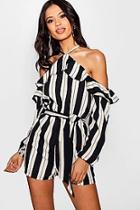 Boohoo Em Stripes Ruffle Cold Shoulder Playsuit