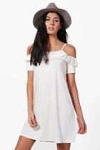 Boohoo Ella Ruffle Cold Shoulder Swing Dress Ivory