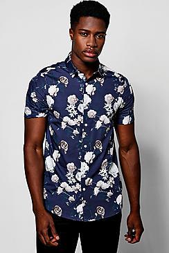 Boohoo Navy Rose Print Short Sleeve Shirt