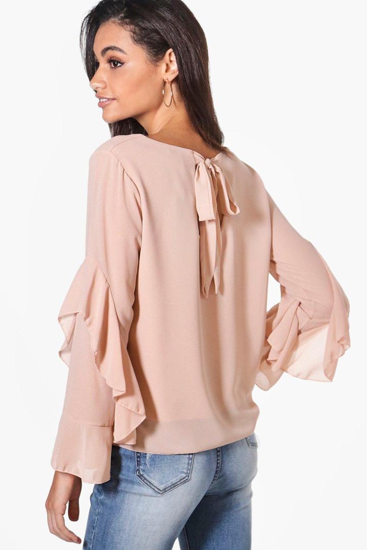 Boohoo Hollie Tie Back Ruffle Woven Top Nude