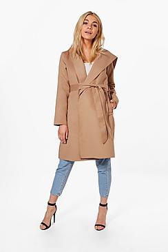 Boohoo Grace Hooded Belted Wool Coat