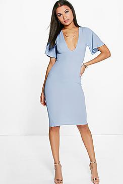 Boohoo Zoe Textured Plunge Neck Angel Sleeve Midi Dress