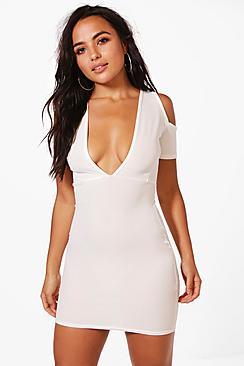 Boohoo Petite Nicole Plunge Cold Shoulder Bodycon Dress